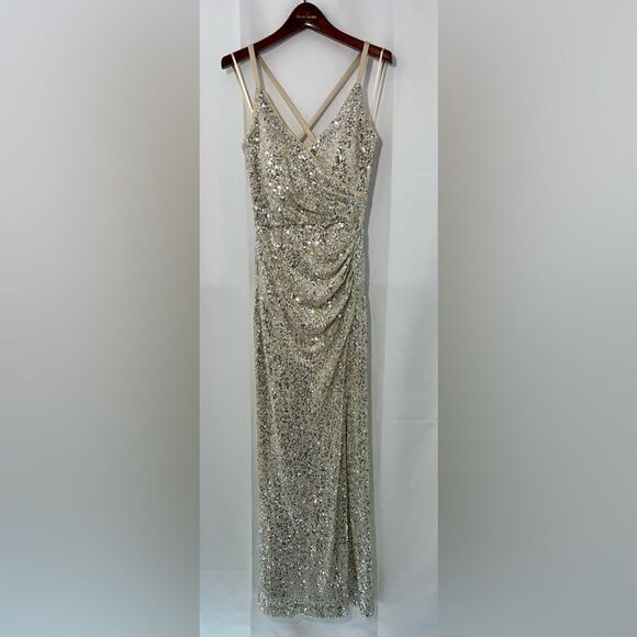 ELIZA J sequin ruched high slit mermaid DRESS 4 - Picture 2 of 6